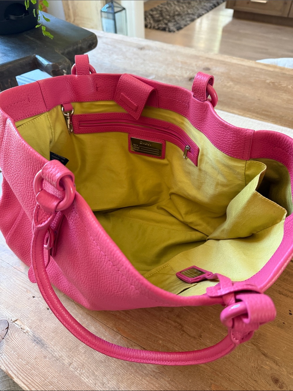 DKNY Pink pebble Leather Tote Bag with Contrast Lime Interior
